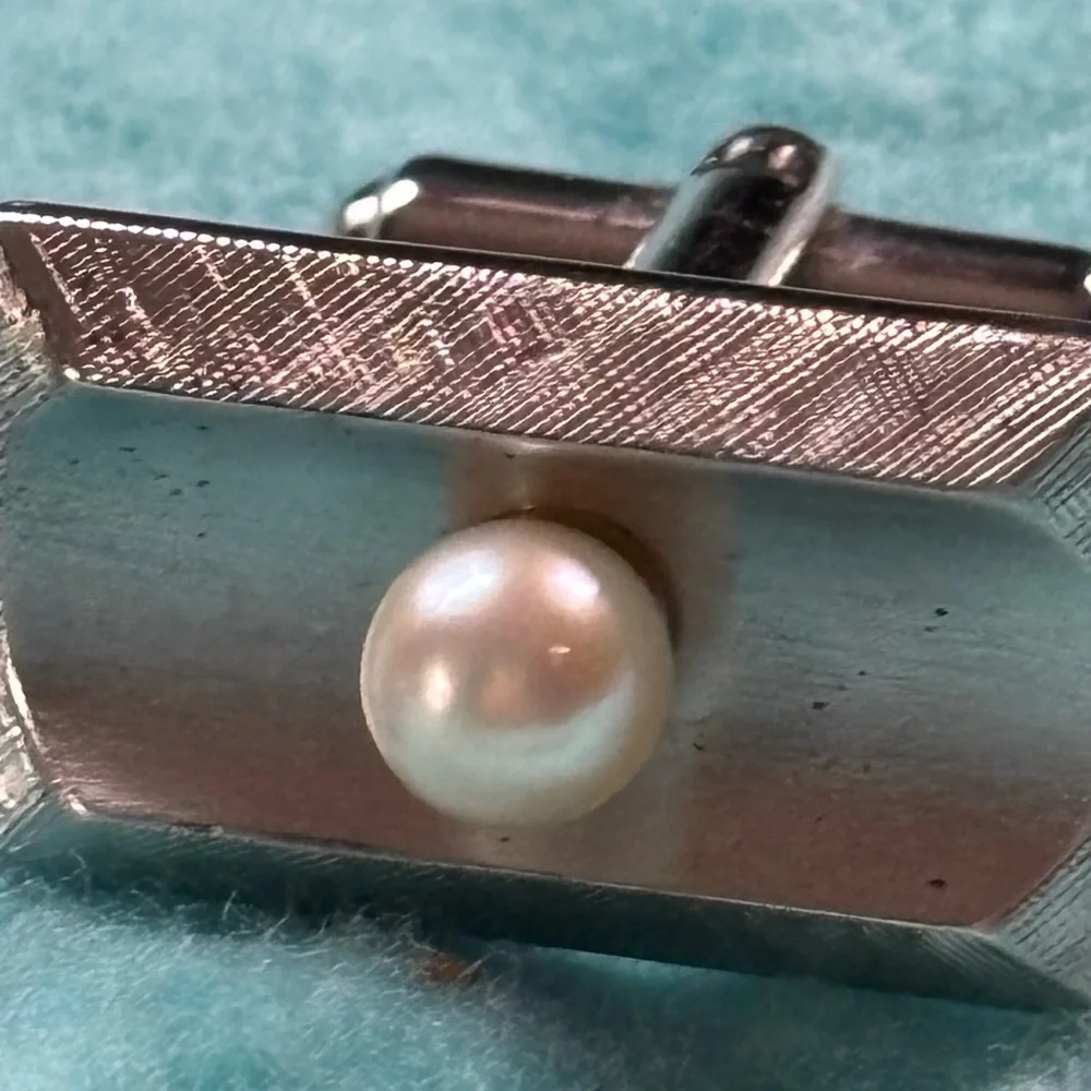Sterling Silver Heavyweight MCM Genuine Pearl Vintage Cufflinks Rectangular